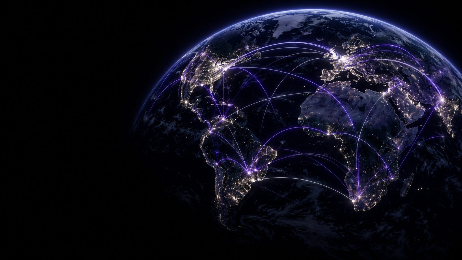Night view of Earth with violet lines of light connecting cities across continents