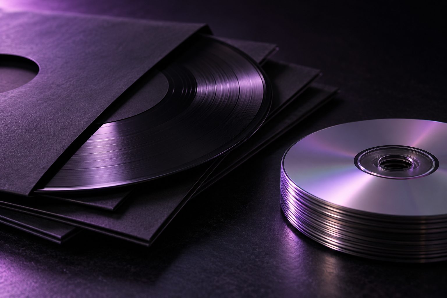 Vinyl records in plain black sleeves beside a stack of compact discs